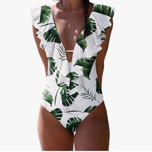 SPORLIKE Women One Piece V-Neck Ruffle Bathing Suit NWOT